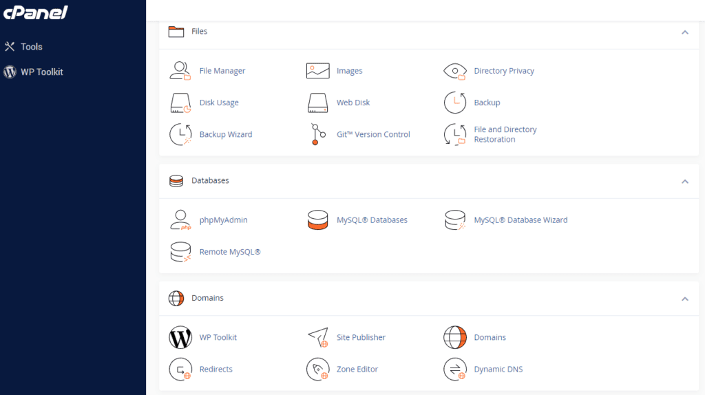 Een screenshot van het cPanel-dashboard van een demowebsite.