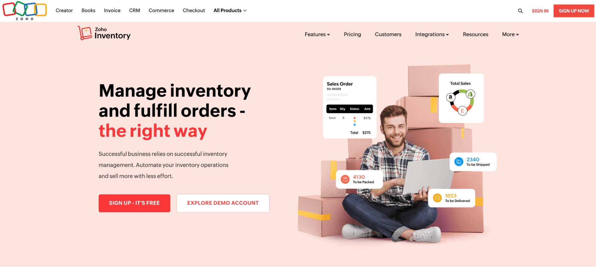 Screenshot van de homepage van Zoho Inventory.