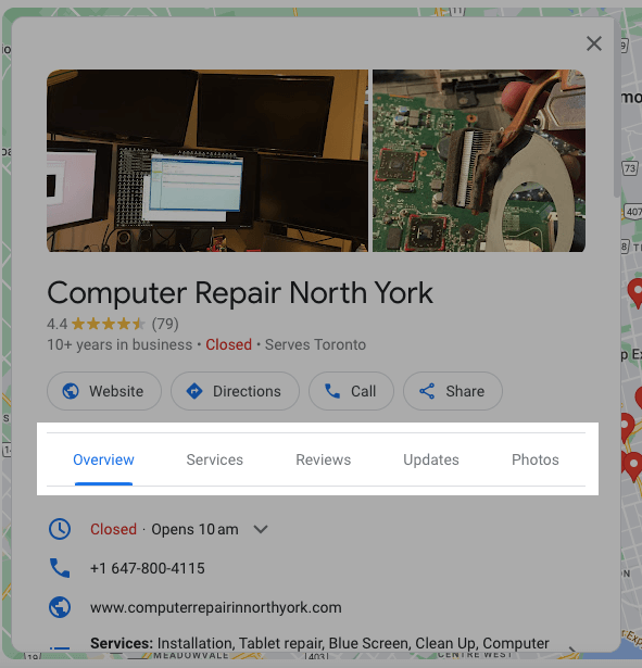 Google bedrijfsprofiel met de navigatieopties voor een computerreparatiewerkplaats.