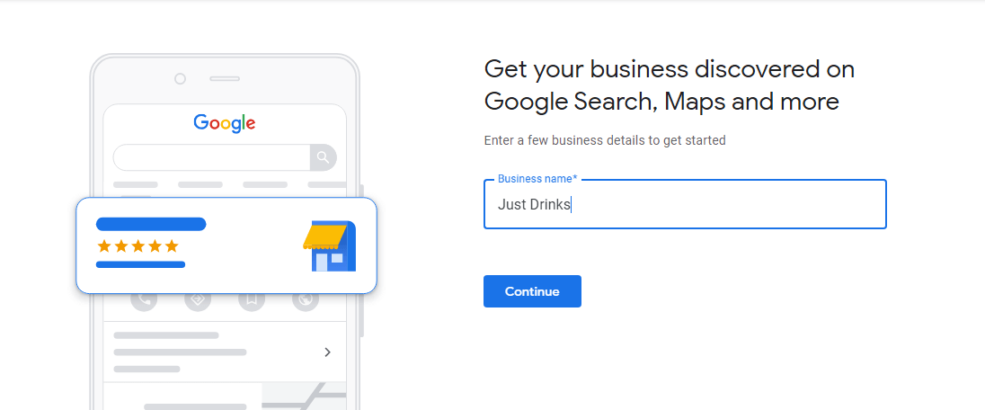 Begin met het instellen van uw Google bedrijfsprofiel door uw bedrijfsnaam in te voeren