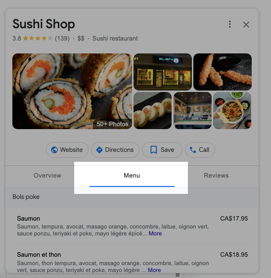 Google bedrijfsprofiel met de menunavigatieoptie van een restaurantvermelding.