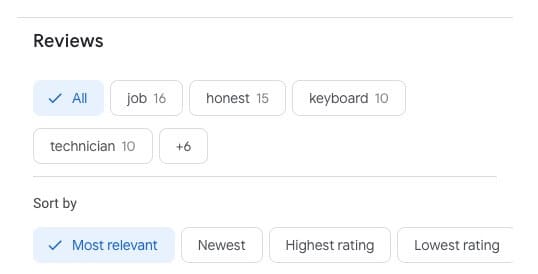Google bedrijfsprofielvermelding met filteropties.