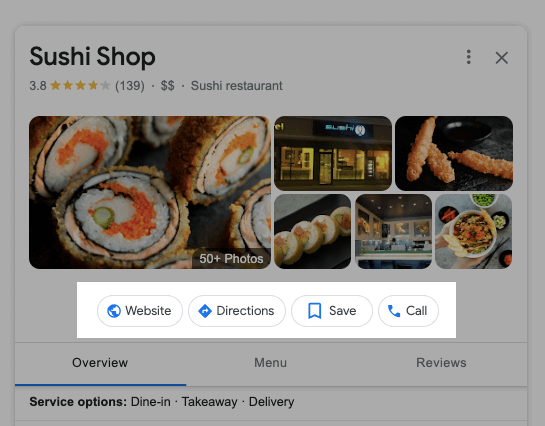 Google bedrijfsprofiel met CTA-knoppen om de website van de vermelding te bezoeken, een routebeschrijving op te vragen, de vermelding op te slaan en het bedrijf te bellen.