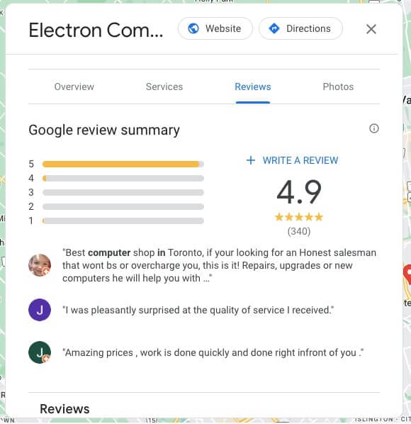 Google bedrijfsprofiel met de beoordelingssamenvatting van een vermelding.