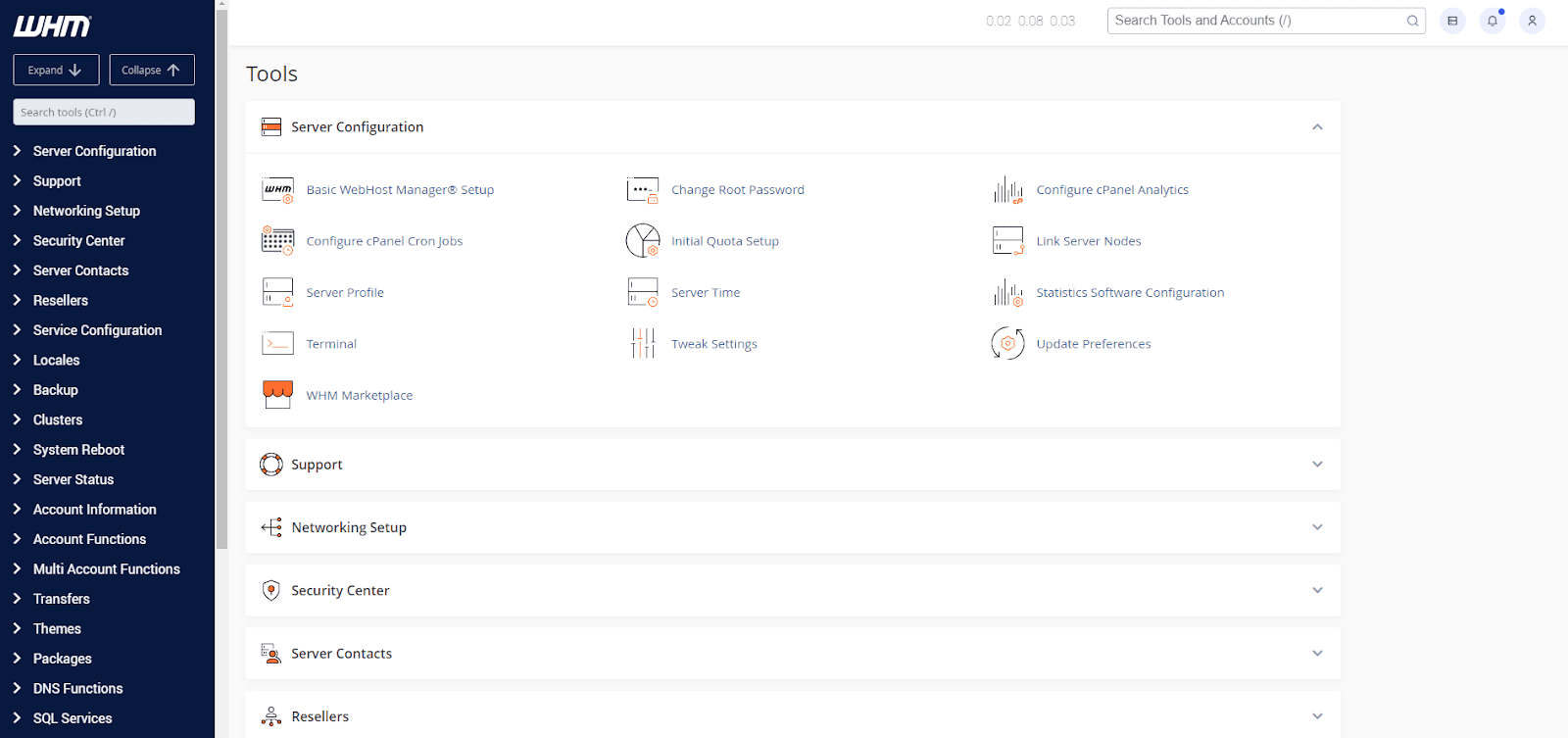 cPanel WebHost Manager dashboard.