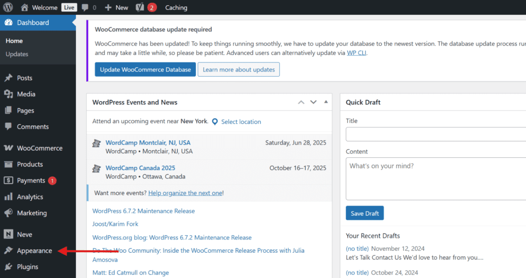 WordPress dashboard