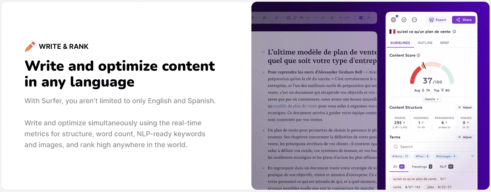 De meertalige content editor geeft een Content Score en identificeert SEO-problemen