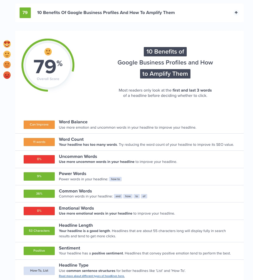 Resultaten van een headline analyzer die de effectiviteit van een titel laat zien op basis van verschillende statistieken.