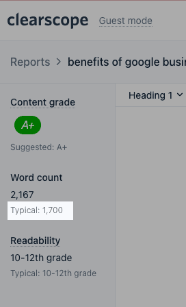 De suggestie van Clearscope voor het aantal woorden van een blogpost.  