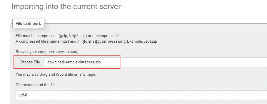 Kies een databasebestand om te importeren in de huidige server.