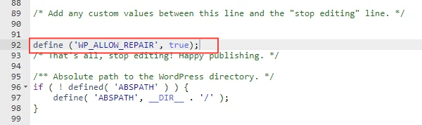 Voer deze regel code in om de database van je WordPress website te repareren.
