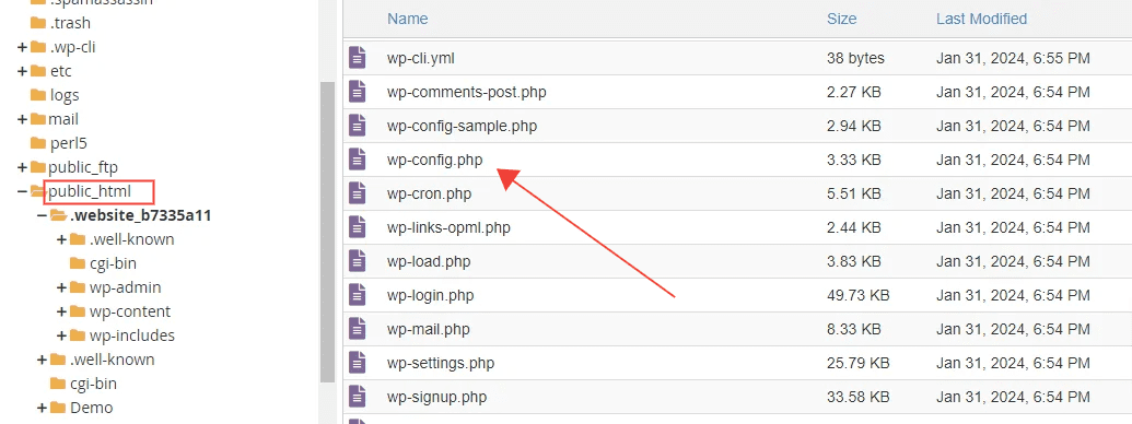 Zoek naar het bestand wp-config.php in cPanel bestandsbeheer.