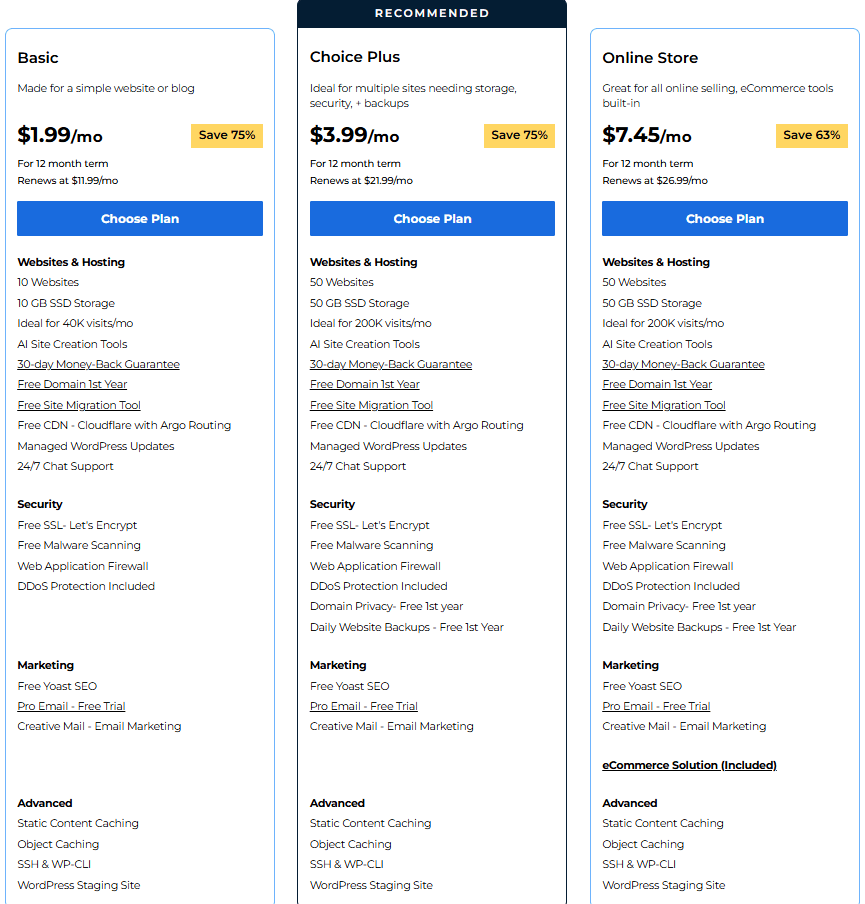 Bluehost hosting plan