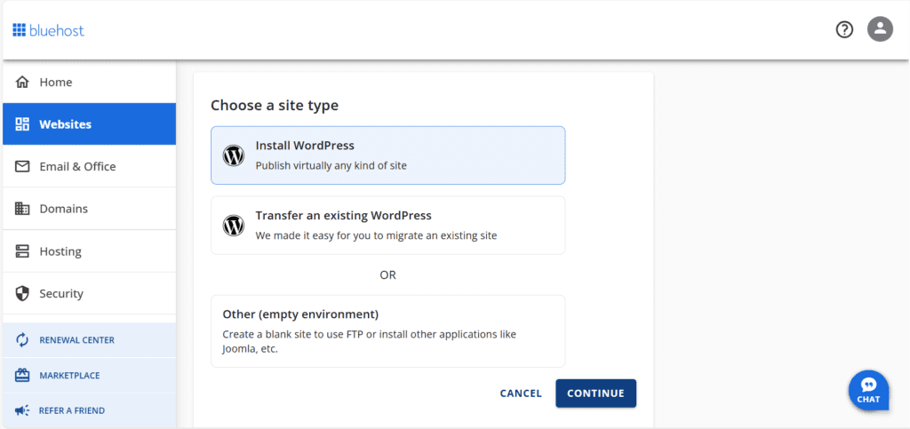 Bluehost Achterkant WordPress
