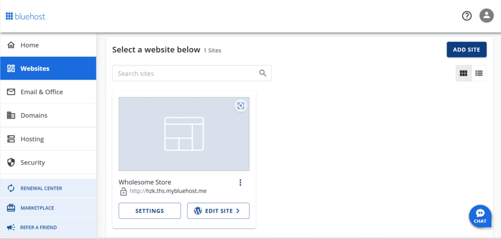 Bluehost achterkant website