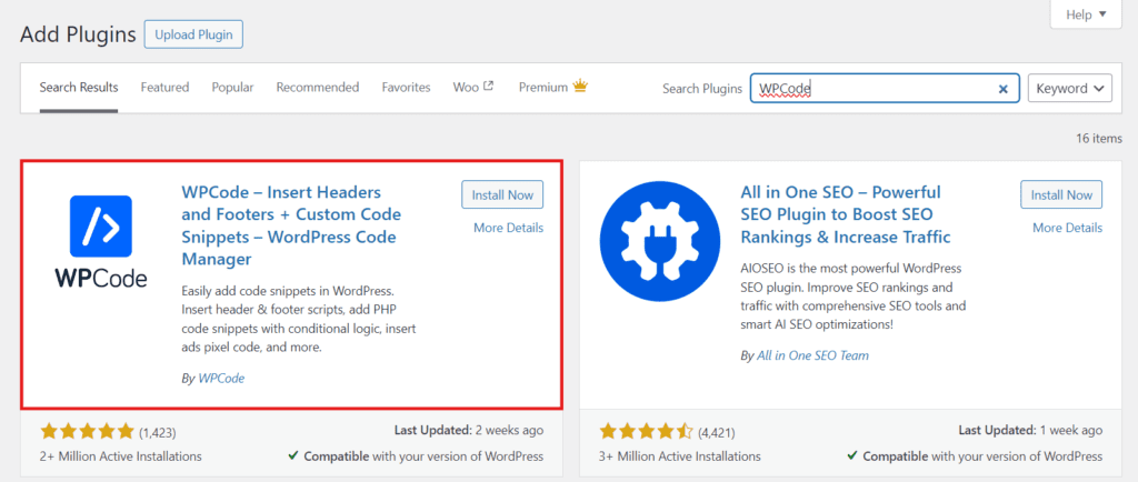 WPCode-plugin toevoegen