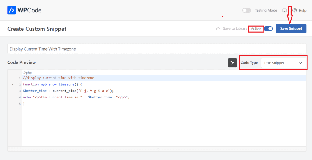 Screenshot van het opslaan van fragmenten in WPCode