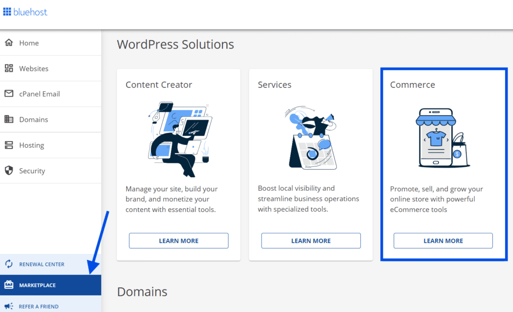 Bluehost Commerce-oplossing op Bluehost-accountmanager