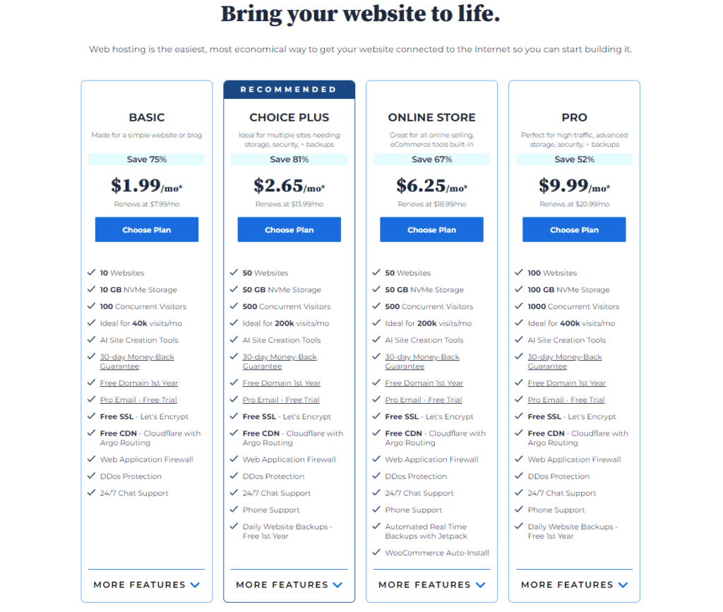 Bluehost hosting plannen