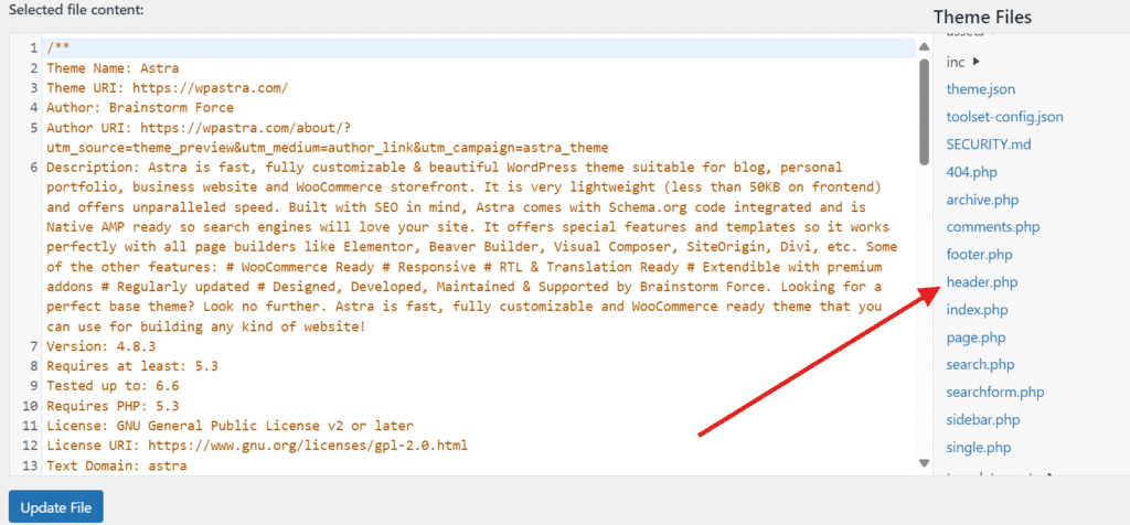 Open het header.php bestand