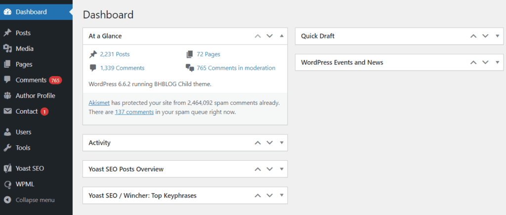WordPress admin dashboard