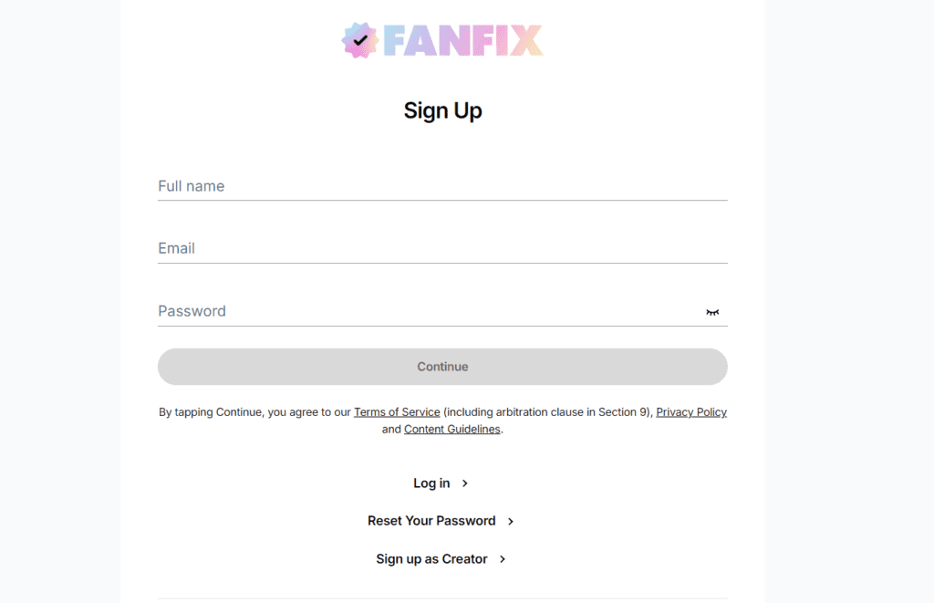Fanfix inschrijfpagina