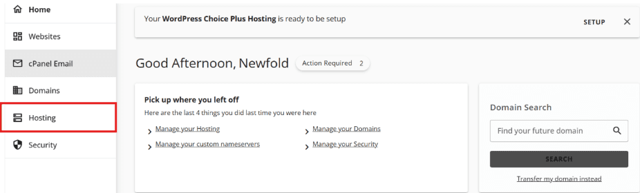 Klik op Hosting