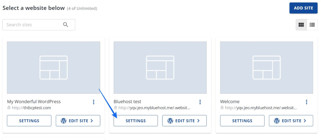 Instellingen van de Bluehost Backend-website