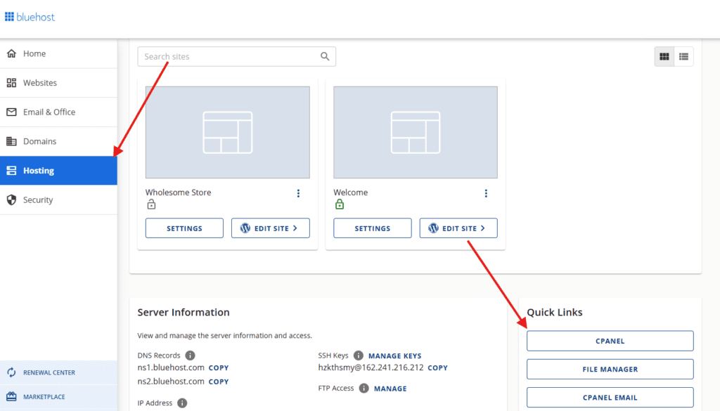 selecteer Hosting in het linkermenu
