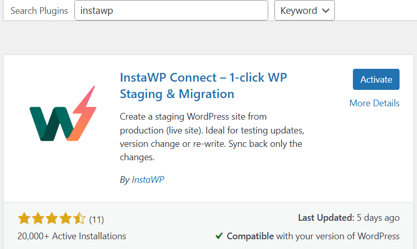 installeer instaWP migratie  